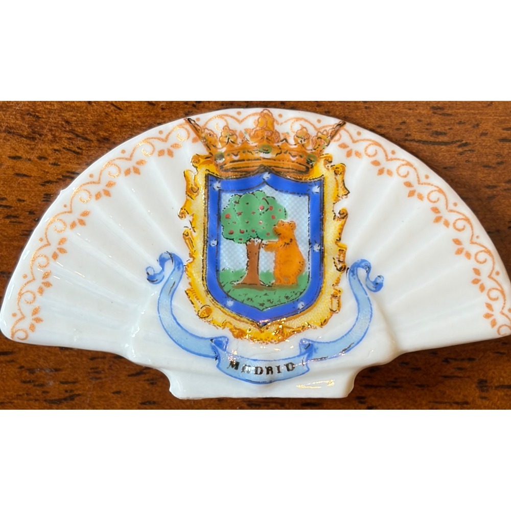 Vintage Madrid Spain Porcelain Fan Trinket Bear & Strawberry Tree Souvenir